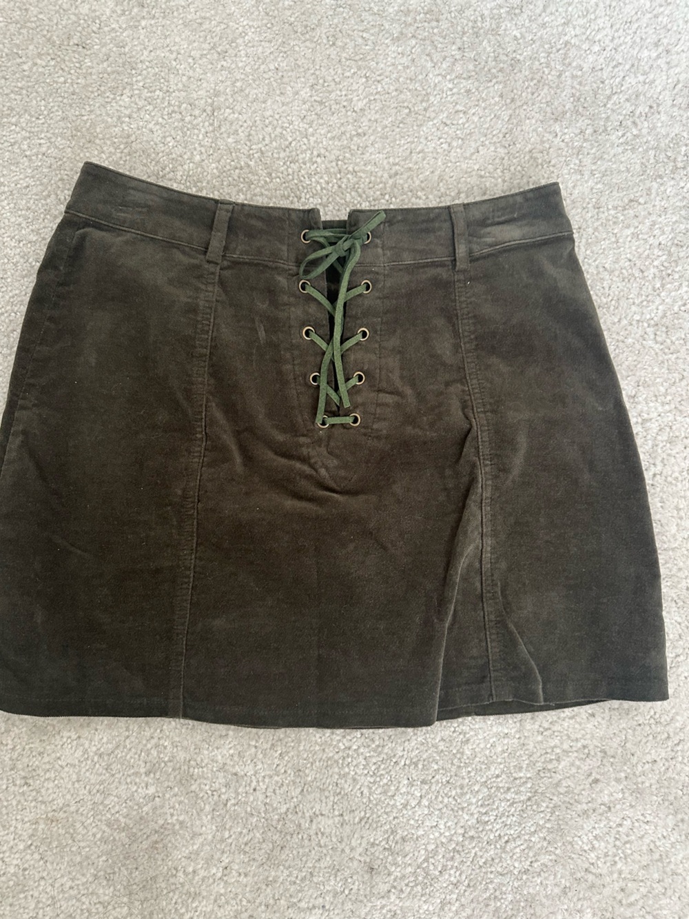 Forever 21 Olive Green Corduroy Mini Skirt with Front Lace-Up